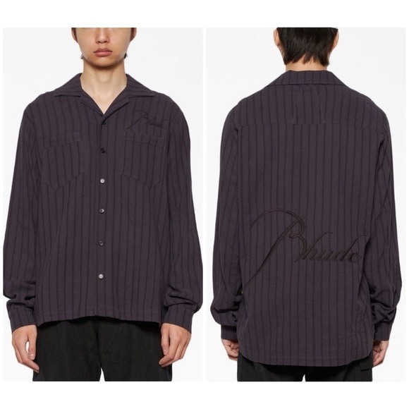New Rhude Striped Cotton Shirt Button Front Gray Slate Embroidered Logo Mens M - Picture 1 of 16